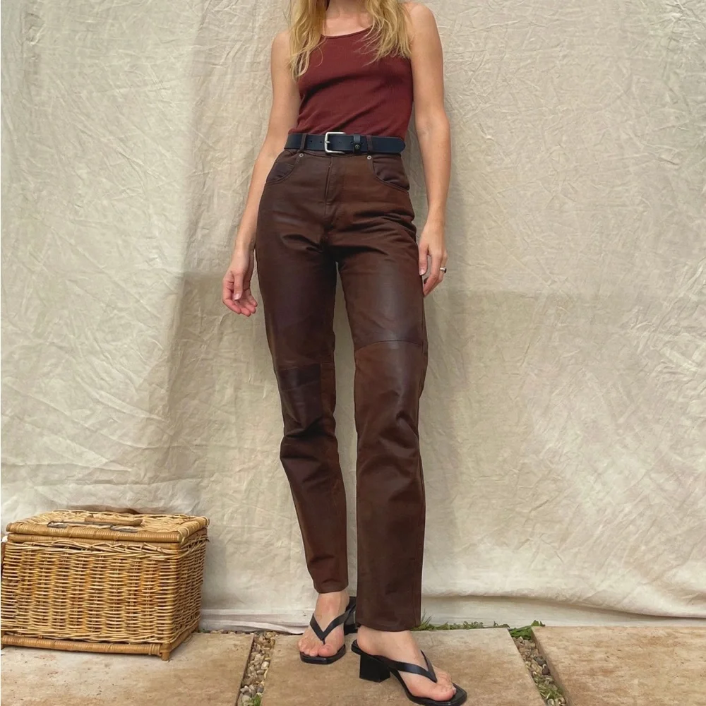 Vintage ‘80s brown leather high rise trousers / slim straight leg /biker/women - Picture 7 of 9